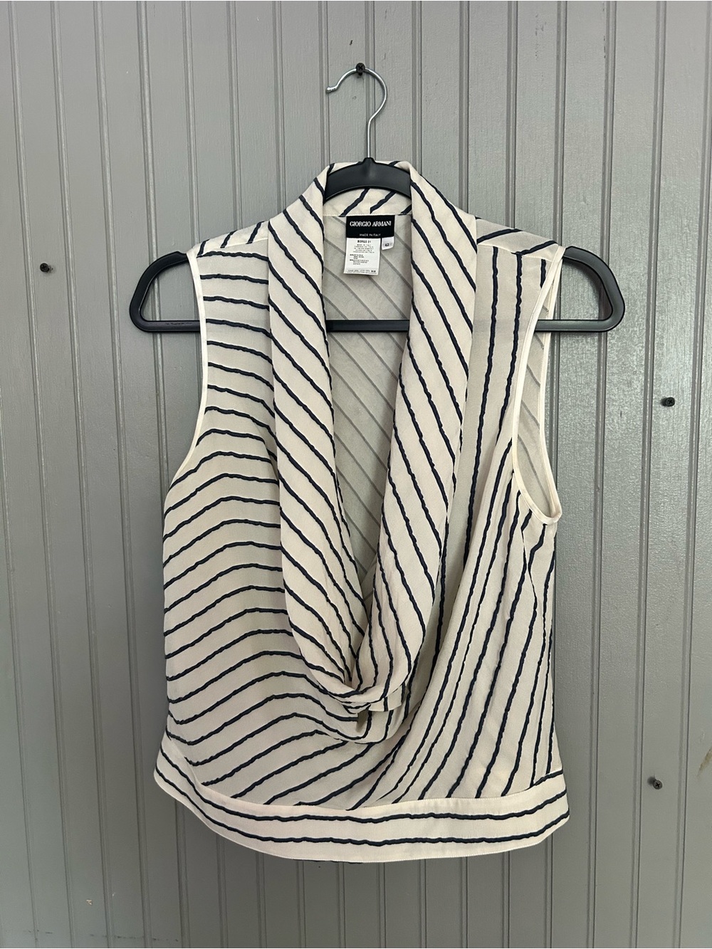 Vintage Giorgio Armani Cream Top with Navy Stripes - Draped Neck